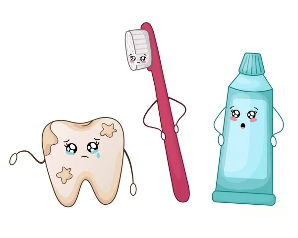 Cute image of a tooth, toothbrush and toothpaste.